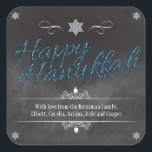 Chalkboard Faux BlueGlitter Hanukkah Square Sticker<br><div class="desc">A chalkboard background shows off the words "Happy Hanukkah" which is rendered in a blue faux glitter effect. A silver glittery Star of David punctuates the top of the design. Dreidels are added as accents along with curvy ornaments to frame your special message. Perfect way to make your Hanukkah celebration...</div>