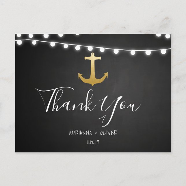 Chalkboard Faux Gold Foil Anchor Wedding Thank You Postcard (Front)
