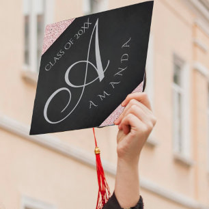 Chalkboard Faux Pink Glitter Monogram Add Name Graduation Cap Topper