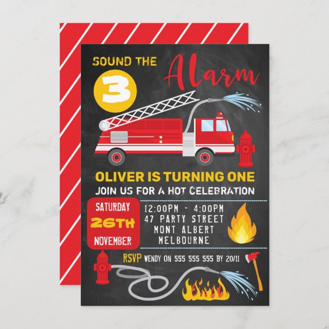 Chalkboard Fire Truck Birthday Invitation (Front/Back)
