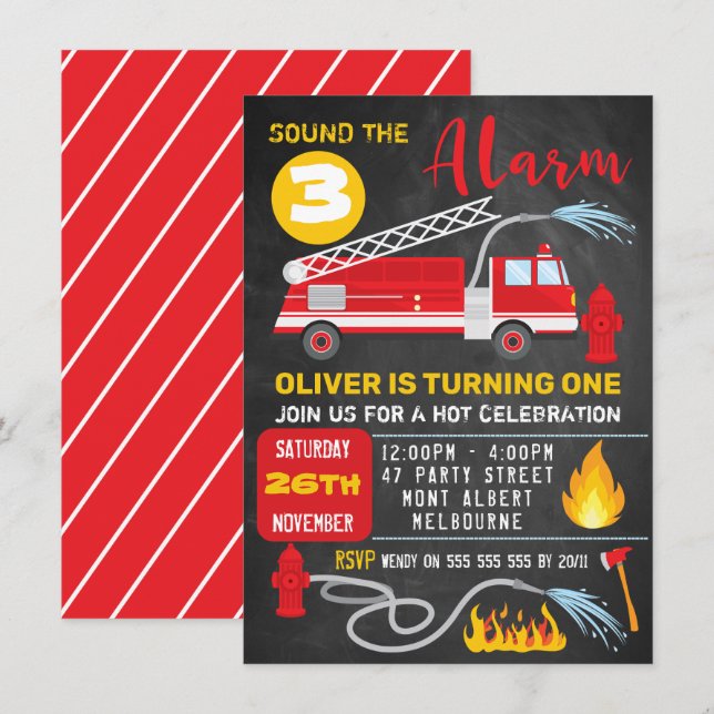 Chalkboard Fire Truck Invitation Anniversaire (Devant / Derrière)