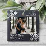 Chalkboard First Christmas Mr. & Mrs. Custom Photo Ceramic Ornament<br><div class="desc">Customize this ornament with your wedding photo and add your last name along with the year for this great Christmas keepsake.</div>