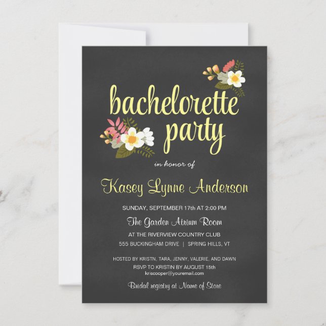 Chalkboard Floral Bachelorette Party Invitations (Front)