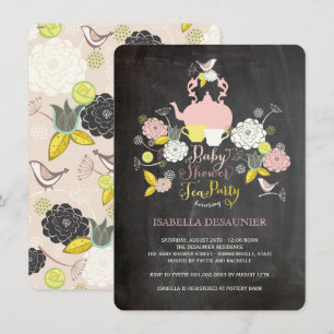 Chalkboard Floral Blooms & Birds Baby Shower Party Invitation