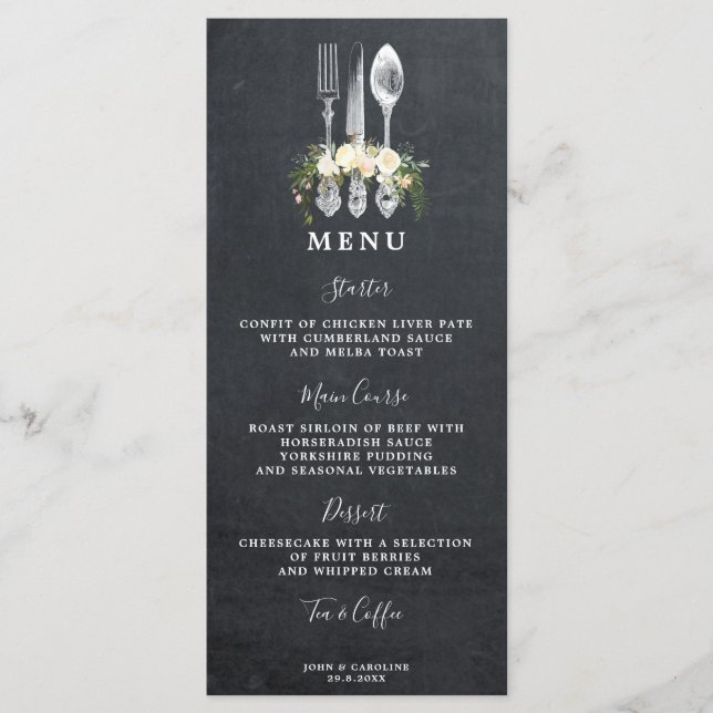 chalkboard floral cutlery wedding menu cards (Front)