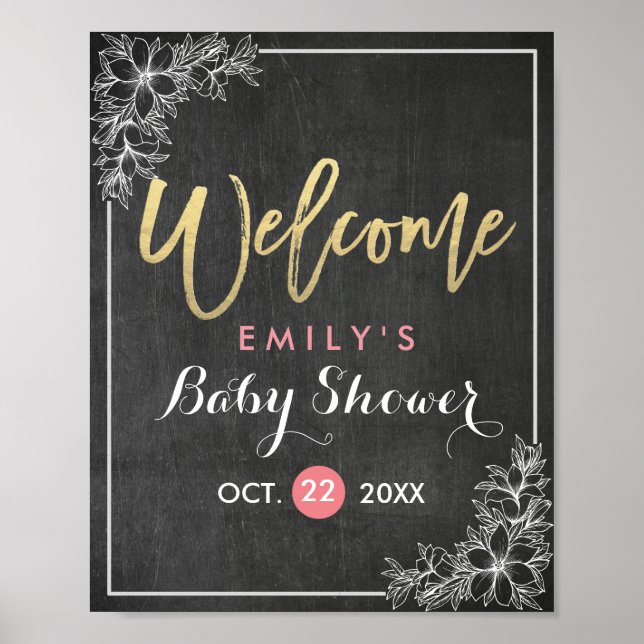 Chalkboard Floral Frame Baby Shower Welcome Sign (Front)