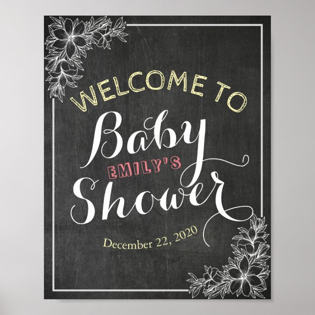 Chalkboard Floral Frame Baby Shower Welcome Sign (Front)
