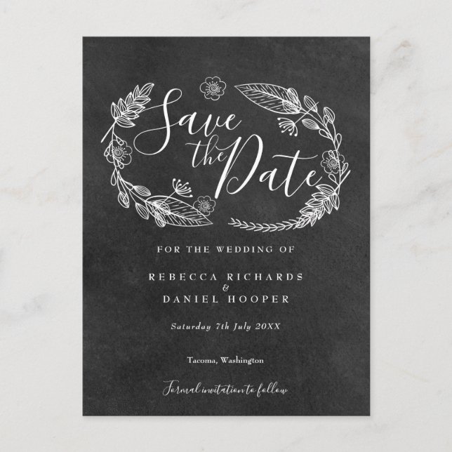 Chalkboard Floral Garland Save the Date Announcement Postcard (Front)