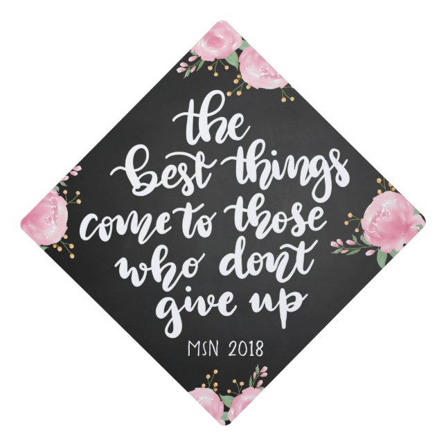 Chalkboard Floral Graduation Handwritten Script Graduation Cap Topper (Front)
