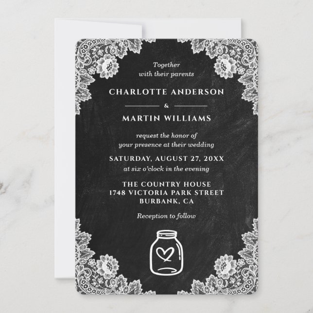 Chalkboard Floral Lace Mason Jar Wedding Invitation (Front)