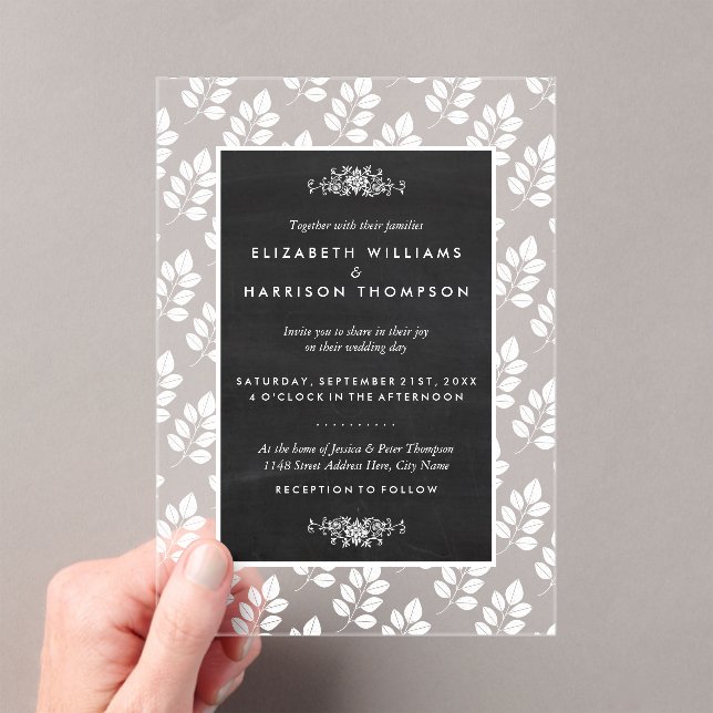 Chalkboard Floral Leaf Wedding Acrylic Invitations (Insitu (Handheld))