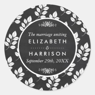 Chalkboard Floral Leaf Wedding Classic Round Sticker