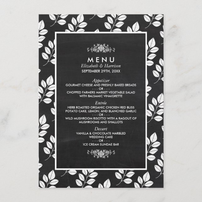 Chalkboard Floral Leaf Wedding Menu (Front)