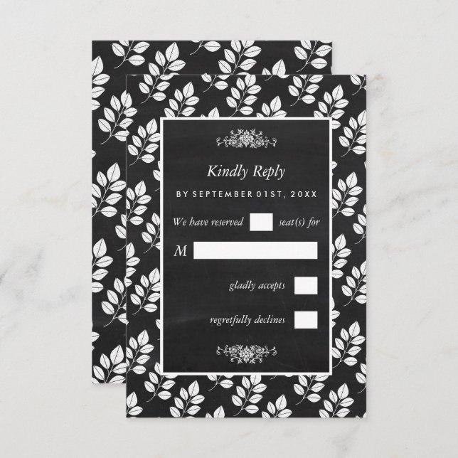 Chalkboard Floral Leaf Wedding RSVP Card (Front/Back)