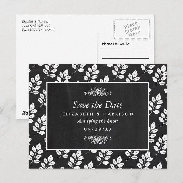 Chalkboard Floral Leaf Wedding Save The Date Postcard (Front/Back)