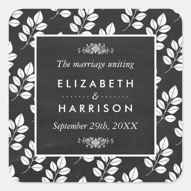 Chalkboard Floral Leaf Wedding Square Sticker (Front)