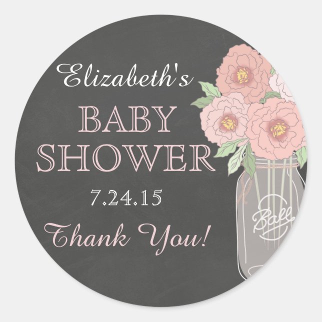 Chalkboard Floral Mason Jar Baby Shower Sticker (Front)
