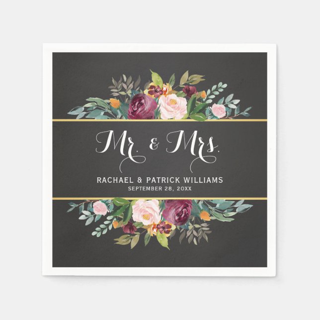 Chalkboard Floral Mr. and Mrs. Wedding Napkin (Front)