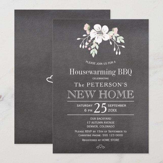 Chalkboard floral rustic housewarming bbq invitation (Front/Back)