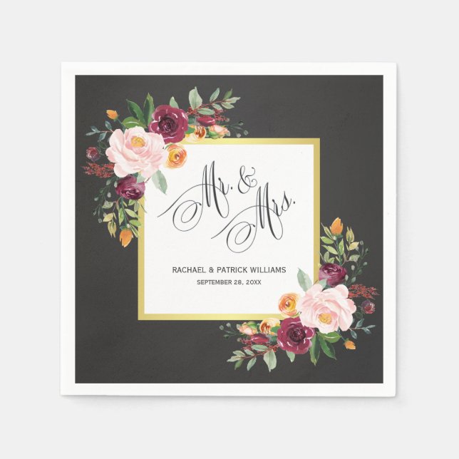 Chalkboard Floral Wedding Mr. and Mrs. Napkin (Front)