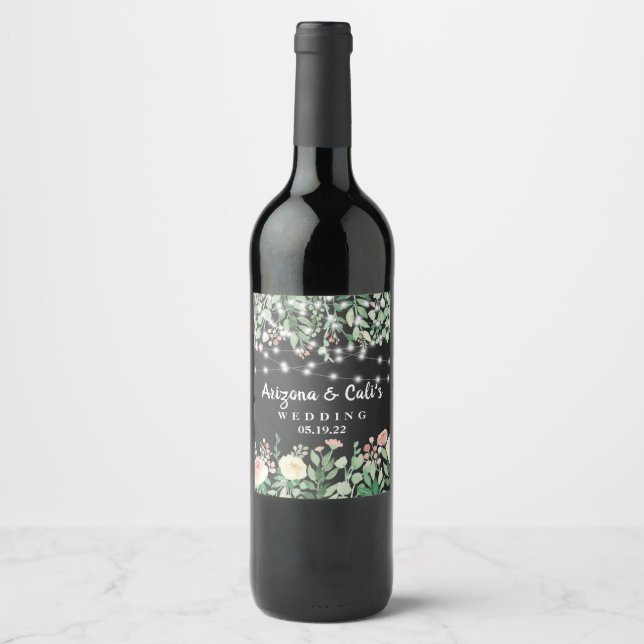 Chalkboard Floral Wood String Lights wedding Wine Label (Front)