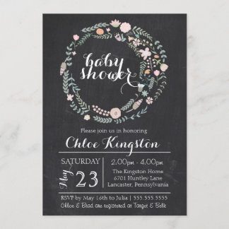 Chalkboard Floral Wreath Baby Shower Invitation