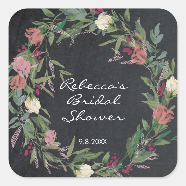 chalkboard floral wreath shower favours sticker (Front)