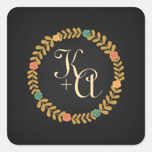 Chalkboard Floral Wreath Wedding Monogram Sticker