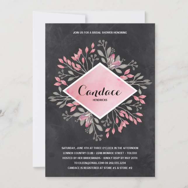 Chalkboard Florals | Watercolor Bridal Shower Invitation (Front)