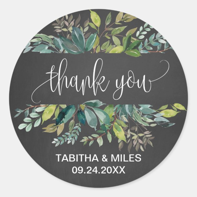Chalkboard Foliage Thank You Wedding Favour Classic Round Sticker (Front)