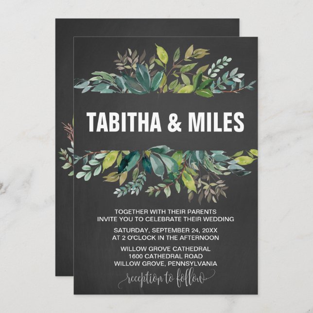 Chalkboard Foliage Wreath Backing Wedding Card (Front/Back)