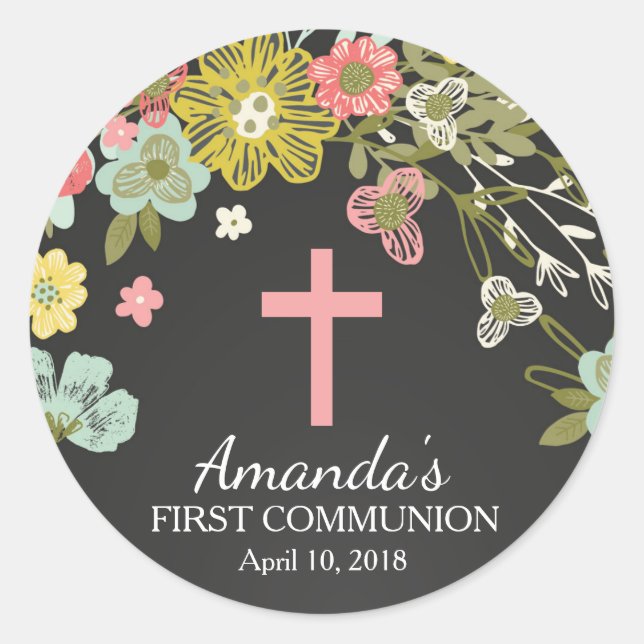Chalkboard Foral First Holy Communion Sticker (Front)
