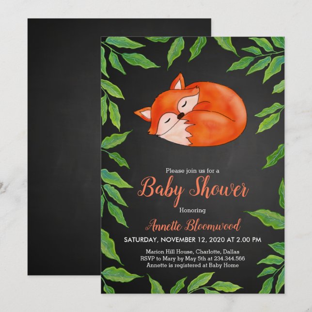 Chalkboard | Fox | Leaves | Woodland Baby Shower Invitation (Front/Back)