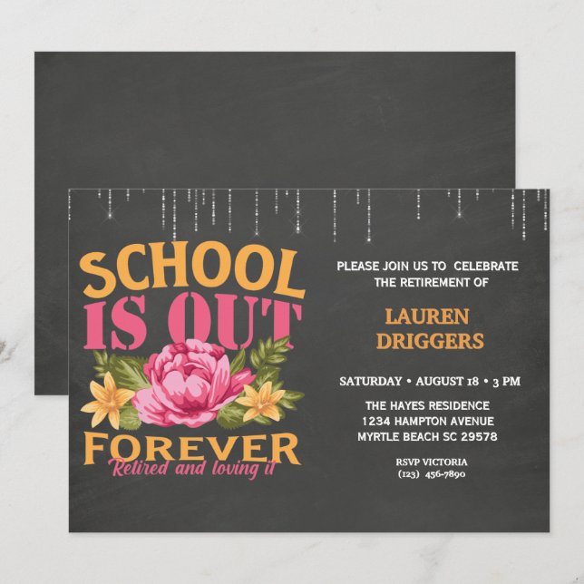 Chalkboard Funny Teacher Floral Retirement   Invit Invitation (Front/Back)