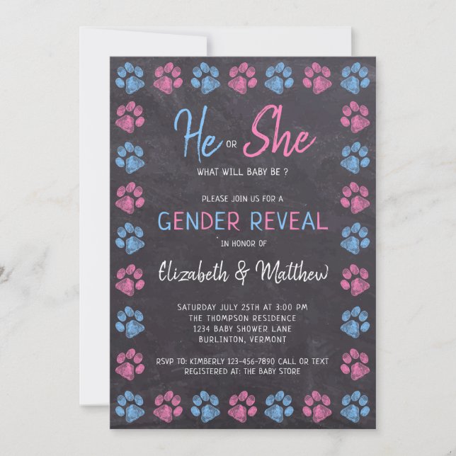 Chalkboard Gender Reveal Paw Prints Blue Pink Invitation (Front)
