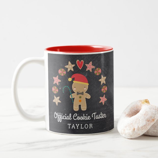 Chalkboard Gingerbread Man Official Cookie Taster Two-Tone Coffee Mug (With Donut)