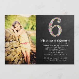 Chalkboard Girls Floral 6th Birthday Party Invite