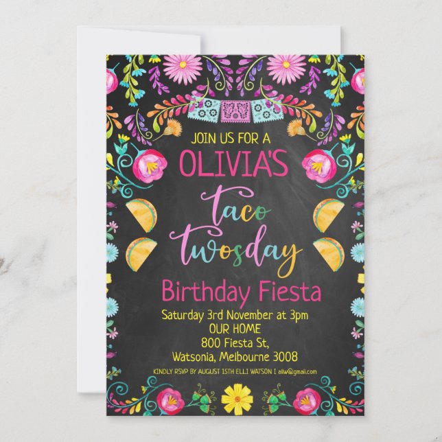 Chalkboard Girls Taco Twosday Mexican 2nd Birthday Invitation (Front)