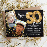 Chalkboard Gold Balloons 2 Photo 50th Birthday Invitation<br><div class="desc">Celebrate the milestone of stepping into the magnificent 50s with these unique 'Chalkboard Gold Balloons 50th Birthday Invitations'. Enriched with a rustic chalkboard background and shimmering faux gold glitter flecks, these invites exude vintage charm and modern elegance. Upload a then-and-now photo of the birthday star and customize the easy-to-use template...</div>