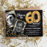 Chalkboard Gold Balloons 2 Photo 60th Birthday Invitation<br><div class="desc">Celebrate the milestone of stepping into the magnificent 60s with these unique 'Chalkboard Gold Balloons 60th Birthday Invitations'. Enriched with a rustic chalkboard background and shimmering faux gold glitter flecks, these invites exude vintage charm and modern elegance. Upload a then-and-now photo of the birthday star and customize the easy-to-use template...</div>