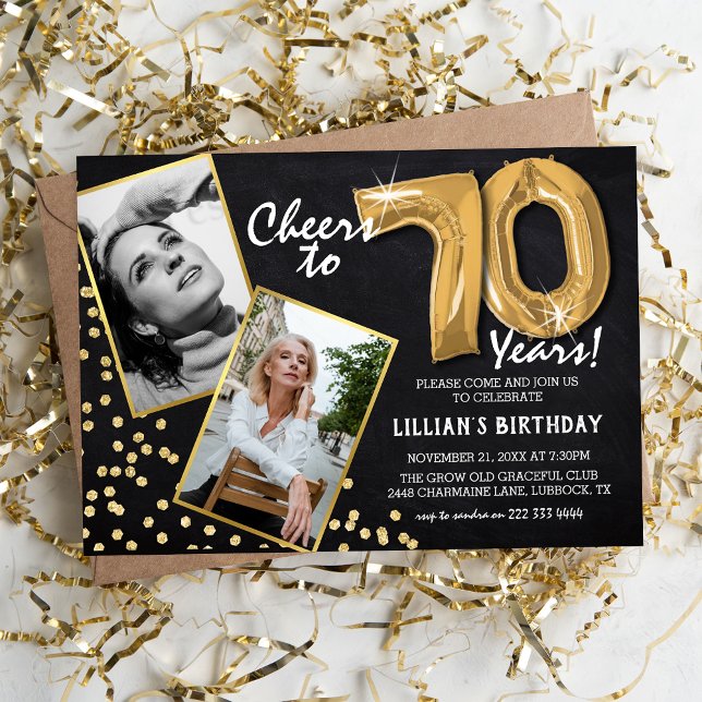 Chalkboard Gold Balloons 2 Photo 70th Birthday Invitation (Creator Uploaded)