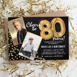 Chalkboard Gold Balloons 2 Photo 80th Birthday Invitation<br><div class="desc">Celebrate the milestone of stepping into the magnificant 80s with these unique 'Chalkboard Gold Balloons 80th Birthday Invitations'. Enriched with a rustic chalkboard background and shimmering faux gold glitter flecks, these invites exude vintage charm and modern elegance. Upload a then-and-now photo of the birthday star and customize the easy-to-use template...</div>