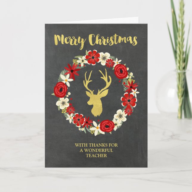 Chalkboard Gold Deer Wreath Christmas Teacher Holiday Card (Front)