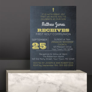 Chalkboard Gold First Communion Invitation