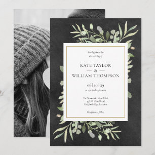 Chalkboard Gold Geometric Greenery Photo Wedding Invitation