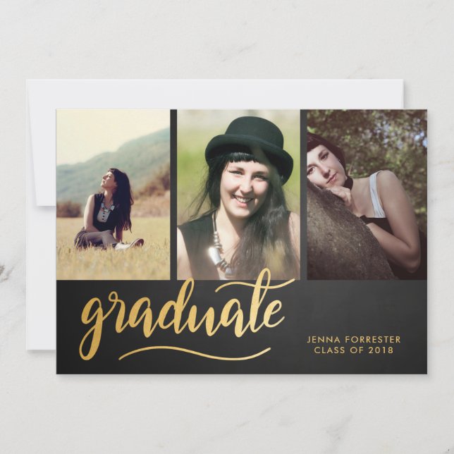 Chalkboard Gold Graduate Script | Three Photo Invitation (Front)