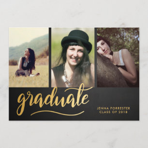 Chalkboard Gold Graduate Script Three Photo Invitation