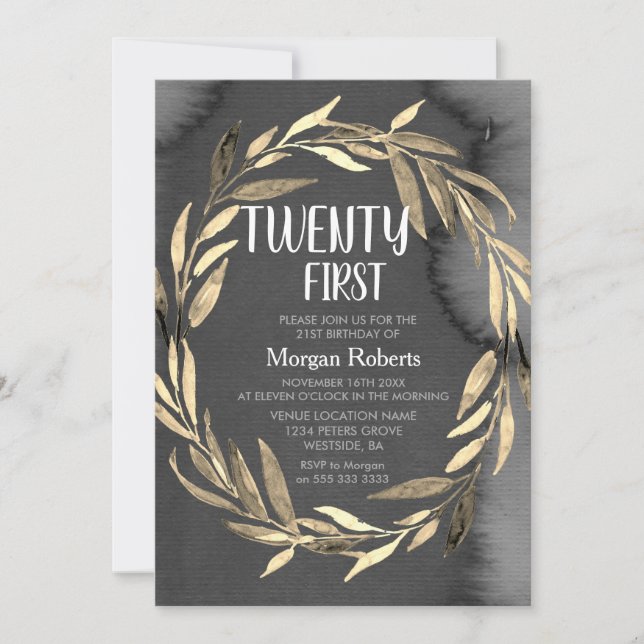 Chalkboard Gold Leaf Wreath 21st Birthday Party Invitation (Front)