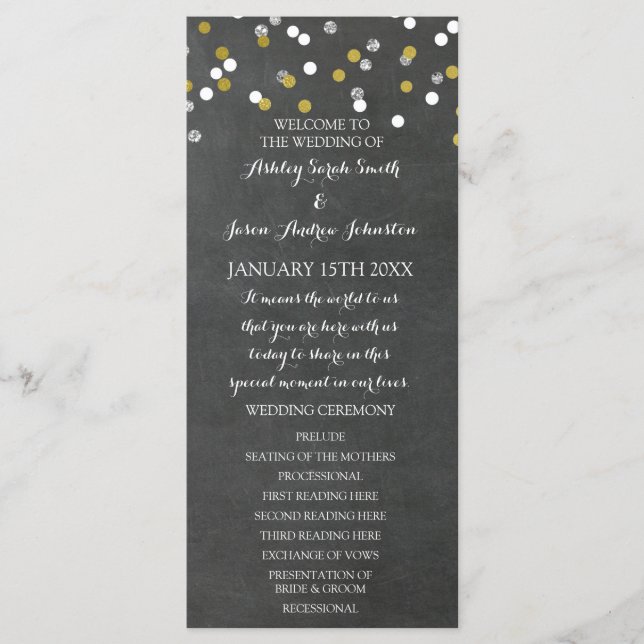 Chalkboard Gold Silver Confetti Wedding Program (Front)