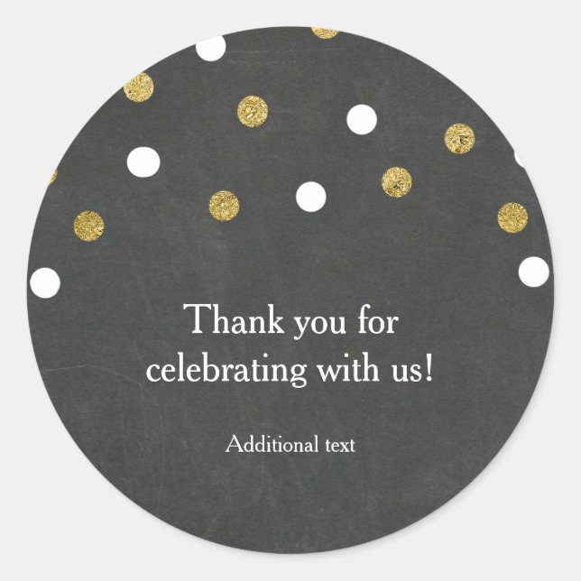 Chalkboard Gold & White Confetti Celebration Party Classic Round Sticker (Front)